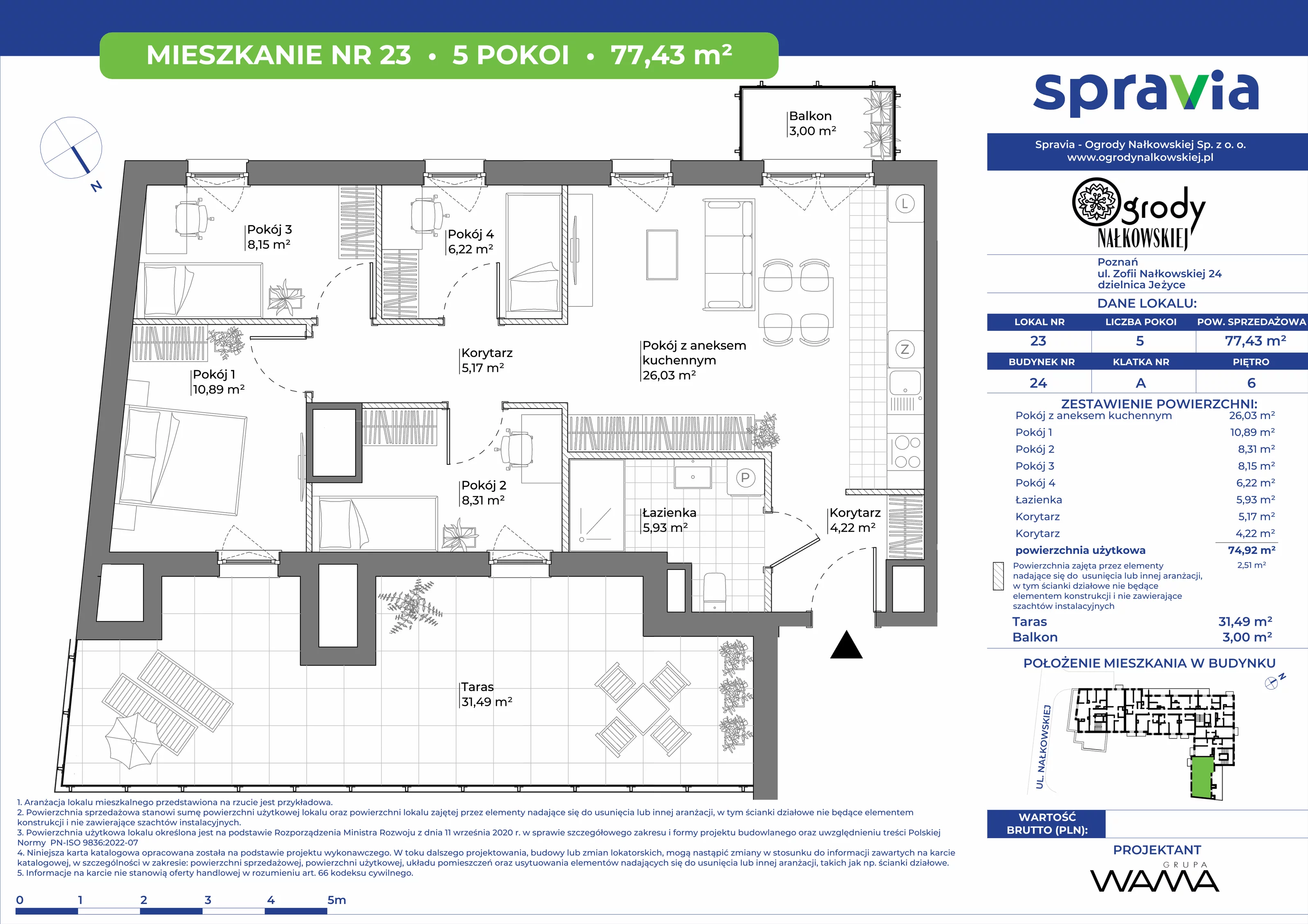 5 pokoi, mieszkanie 77,43 m², piętro 6, oferta nr 24-23, Ogrody Nałkowskiej, Poznań, Ogrody, ul. Nałkowskiej 24, 26